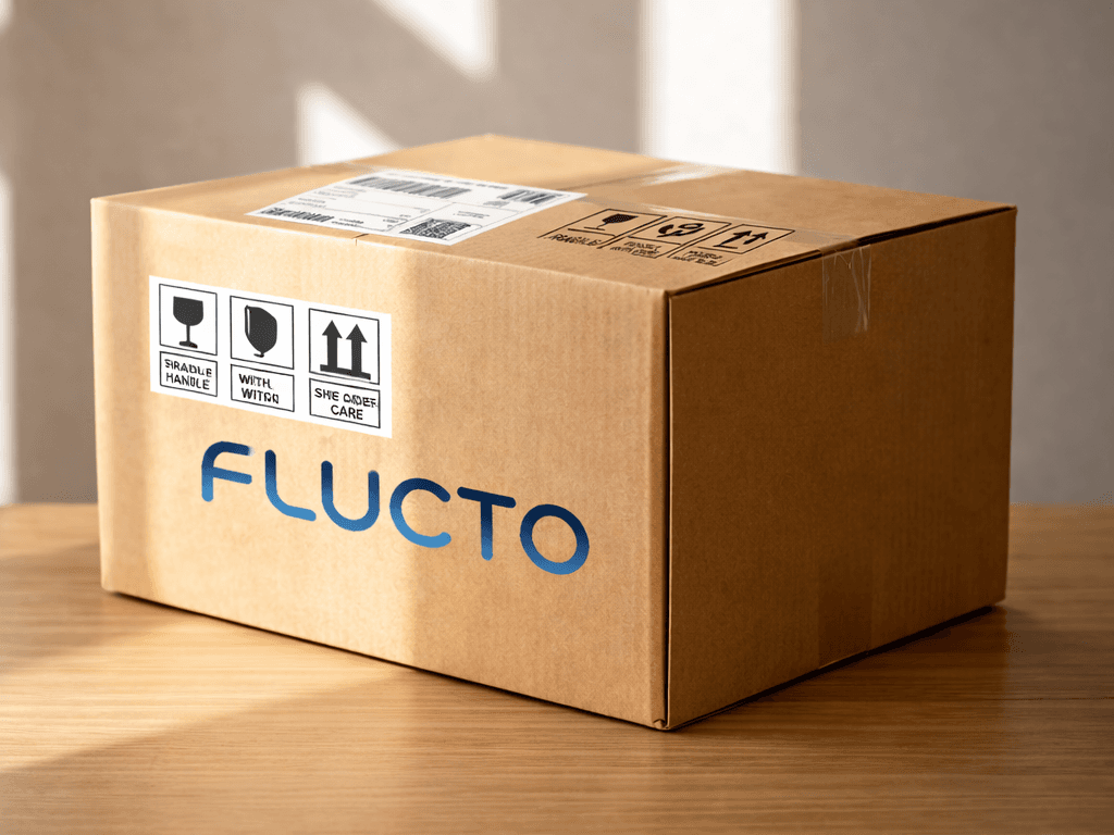 A premium cardboard delivery box with Flucto branding