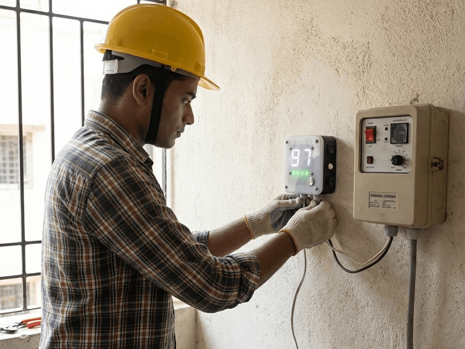 Professional technician in a branded uniform installing a smart device